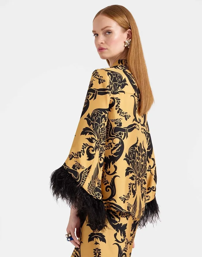 La Doublej Make An Exit Top Cherubs Gold In Silk Twill With Feathers Women Party Dressing