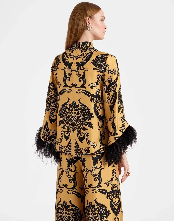 La Doublej Make An Exit Top Cherubs Gold In Silk Twill With Feathers Women Party Dressing