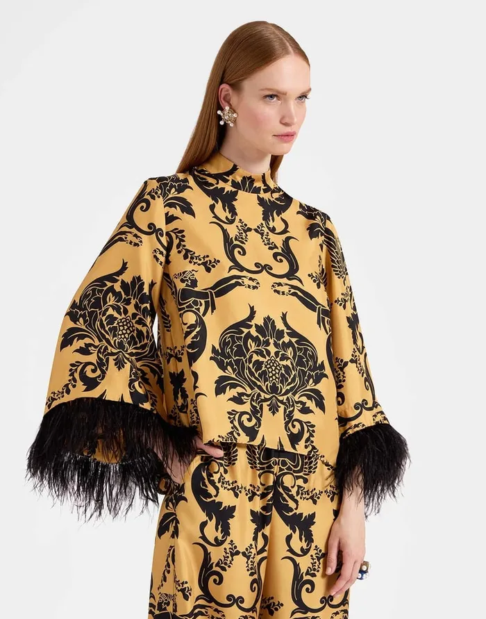 La Doublej Make An Exit Top Cherubs Gold In Silk Twill With Feathers Women Party Dressing