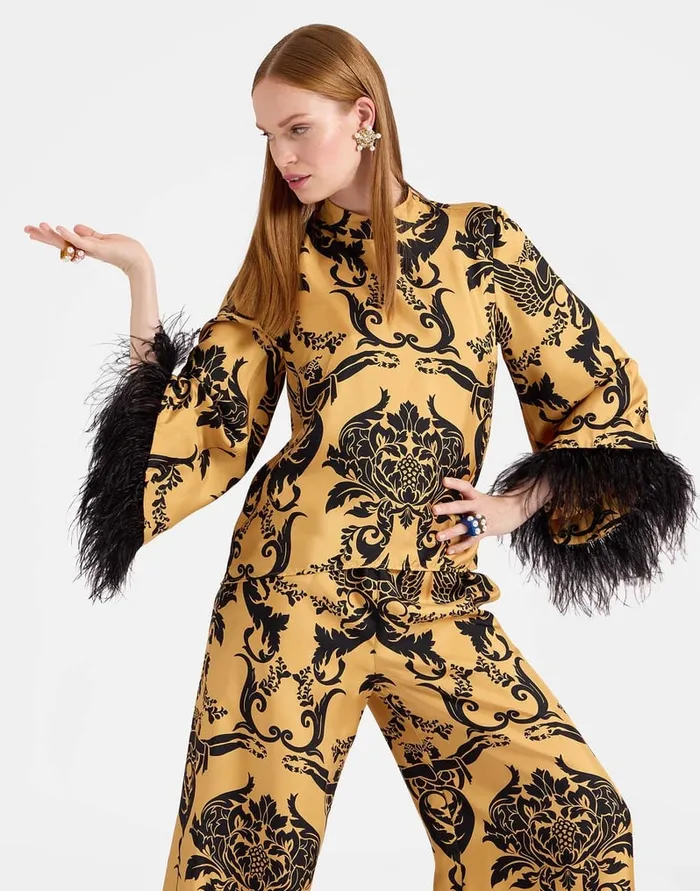 La Doublej Make An Exit Top Cherubs Gold In Silk Twill With Feathers Women Party Dressing