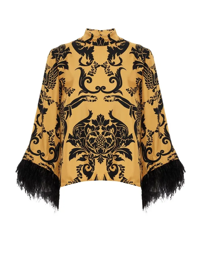 La Doublej Make An Exit Top Cherubs Gold In Silk Twill With Feathers Women Party Dressing