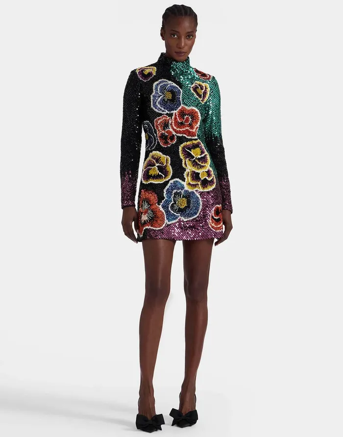 La Doublej Mini Halle Pansy Multicolor In Paillettes Embroidered Women Dresses