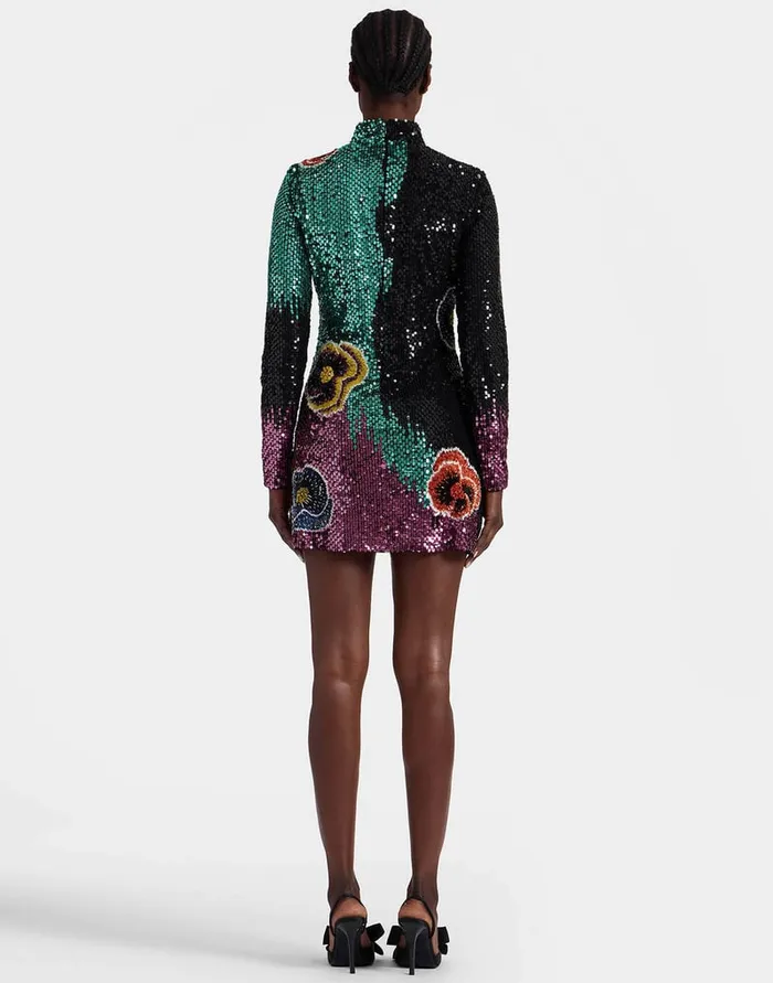 La Doublej Mini Halle Pansy Multicolor In Paillettes Embroidered Women Dresses