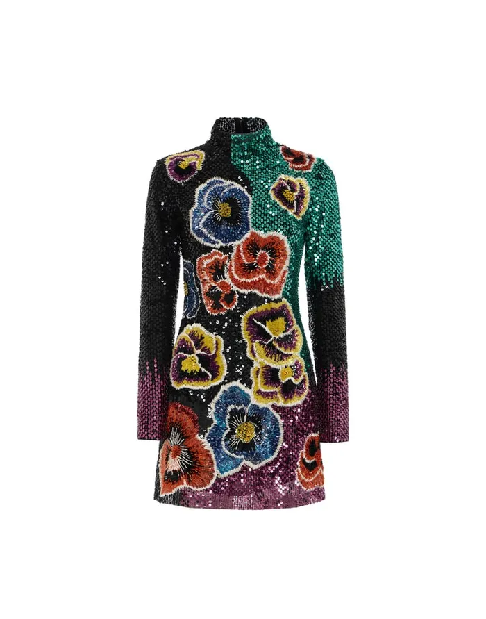 La Doublej Mini Halle Pansy Multicolor In Paillettes Embroidered Women Dresses
