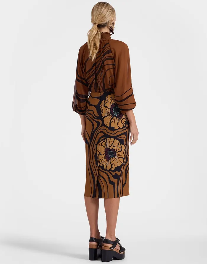 La Doublej Pencil Skirt Big Blooms Place Brown In Envers Satin Women Skirts