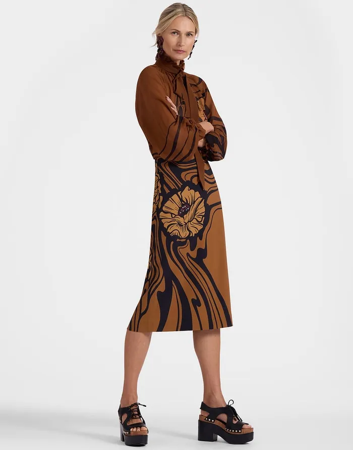 La Doublej Pencil Skirt Big Blooms Place Brown In Envers Satin Women Skirts