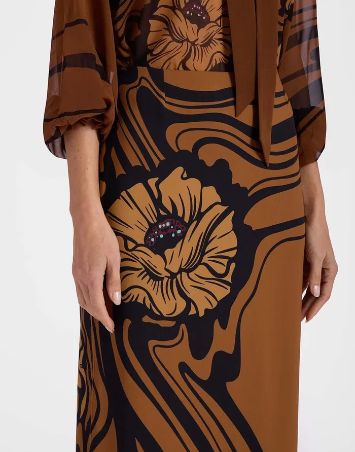 La Doublej Pencil Skirt Big Blooms Place Brown In Envers Satin Women Skirts