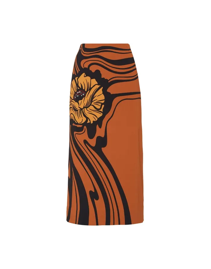La Doublej Pencil Skirt Big Blooms Place Brown In Envers Satin Women Skirts