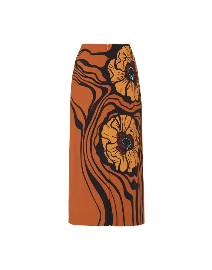 La Doublej Pencil Skirt Big Blooms Place Brown In Envers Satin Women Skirts