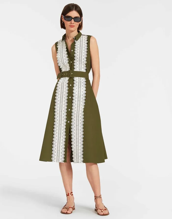 La Doublej Tootsie Dress Solid Camouflage In Crisp Poplin With Lacey Ribbons Women Dresses La Doublej Tootsie Dress Solid Camouflage In Crisp Poplin With Lacey Ribbons Women Dresses