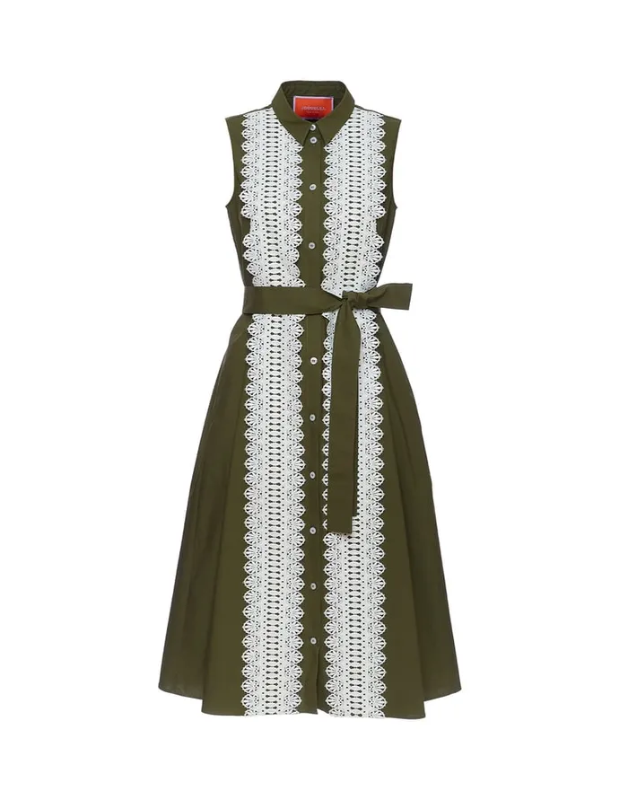 La Doublej Tootsie Dress Solid Camouflage In Crisp Poplin With Lacey Ribbons Women Dresses