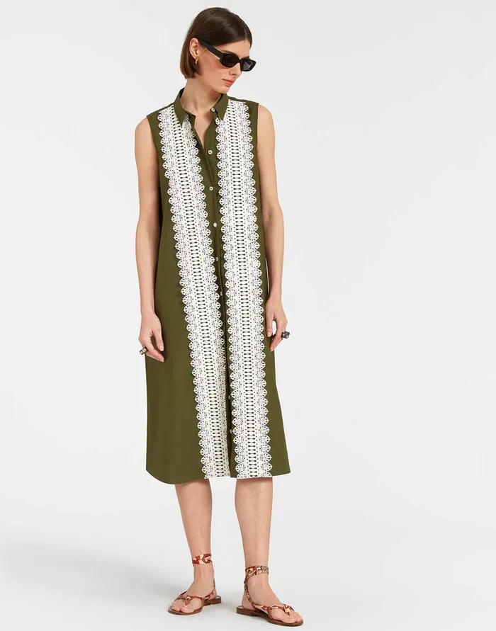La Doublej Tootsie Dress Solid Camouflage In Crisp Poplin With Lacey Ribbons Women Dresses