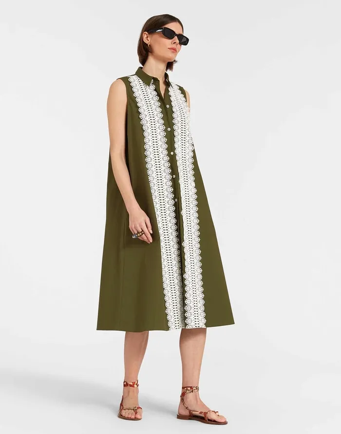 La Doublej Tootsie Dress Solid Camouflage In Crisp Poplin With Lacey Ribbons Women Dresses