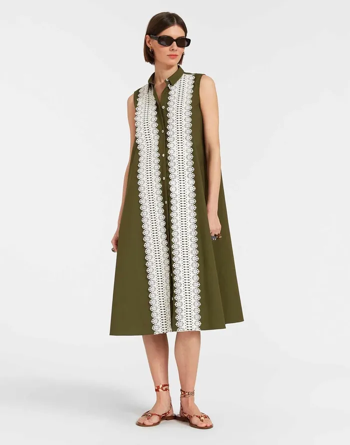 La Doublej Tootsie Dress Solid Camouflage In Crisp Poplin With Lacey Ribbons Women Dresses