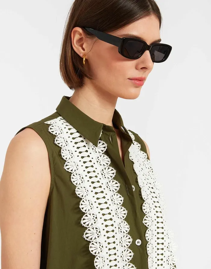 La Doublej Tootsie Dress Solid Camouflage In Crisp Poplin With Lacey Ribbons Women Dresses