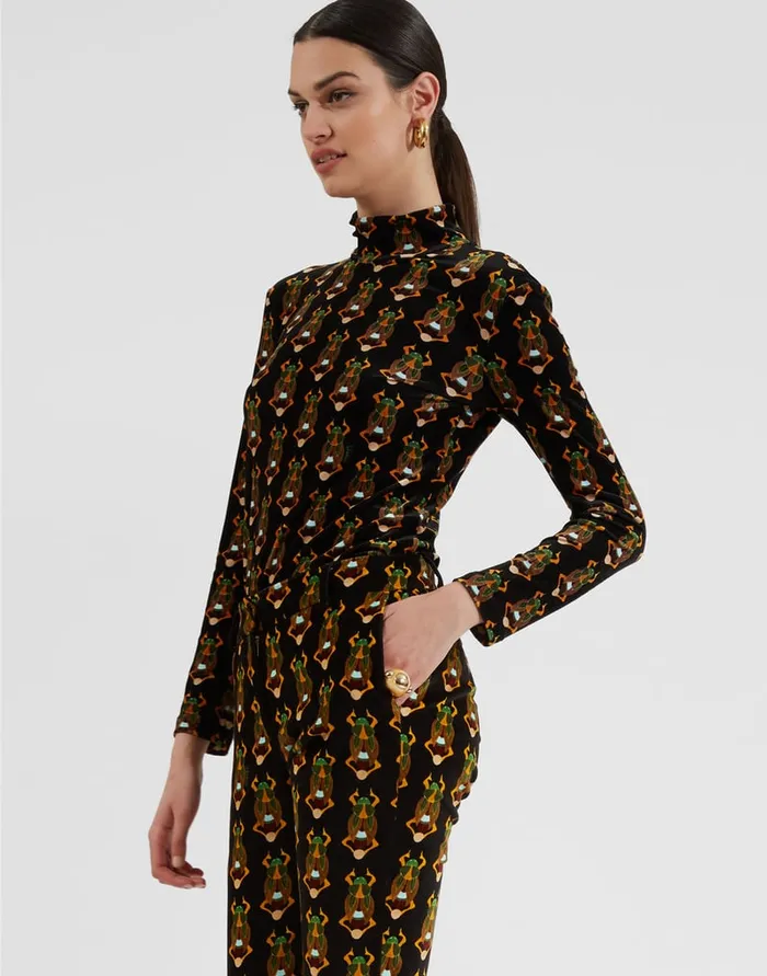 La Doublej Turtleneck Scarab Black In Stretch Velvet Women Shirts and Tops