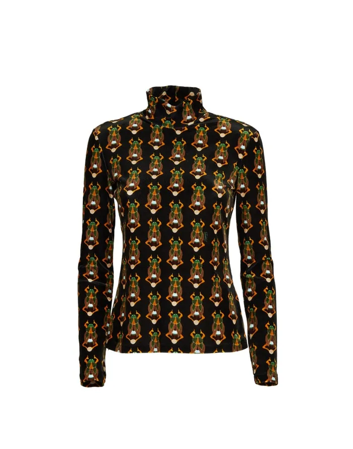 La Doublej Turtleneck Scarab Black In Stretch Velvet Women Shirts and Tops