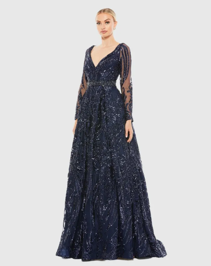 Long Sleeve Embellished Evening Gown Midnight Women Evening Gowns Mac Duggal