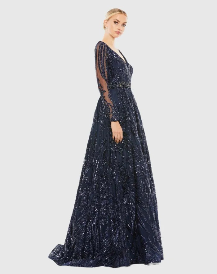 Long Sleeve Embellished Evening Gown Midnight Women Evening Gowns Mac Duggal