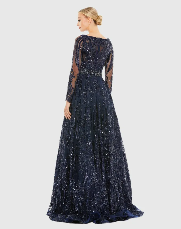 Long Sleeve Embellished Evening Gown Midnight Women Evening Gowns Mac Duggal