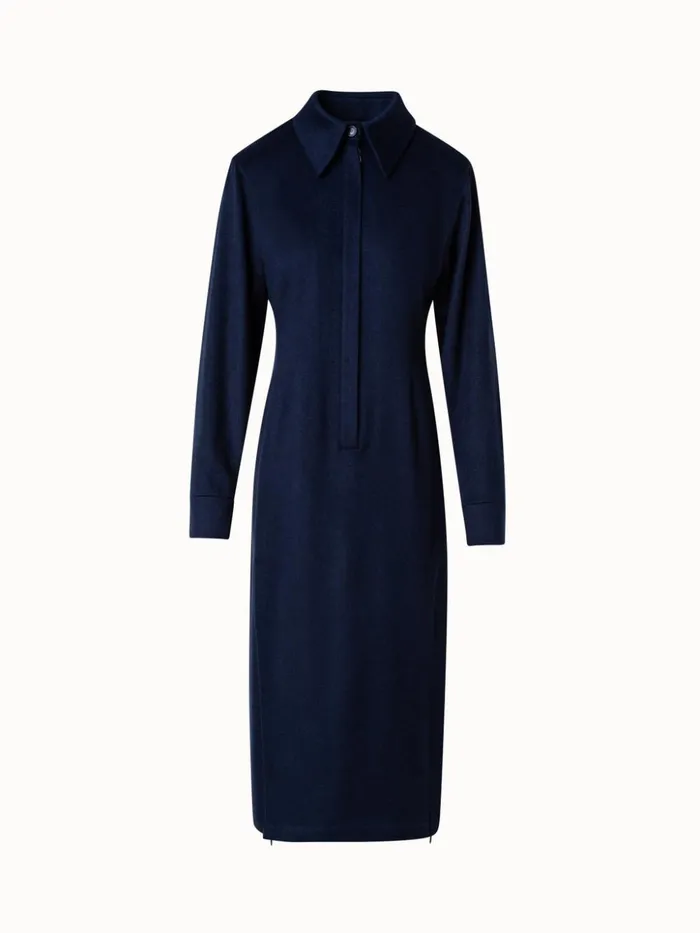 Long Sleeves Cashmere Midi Shirt Dress Navy Women Akris Dresses