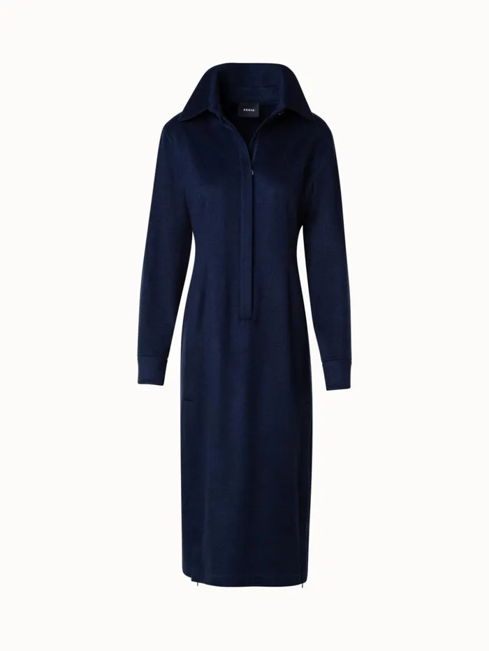 Long Sleeves Cashmere Midi Shirt Dress Navy Women Akris Dresses