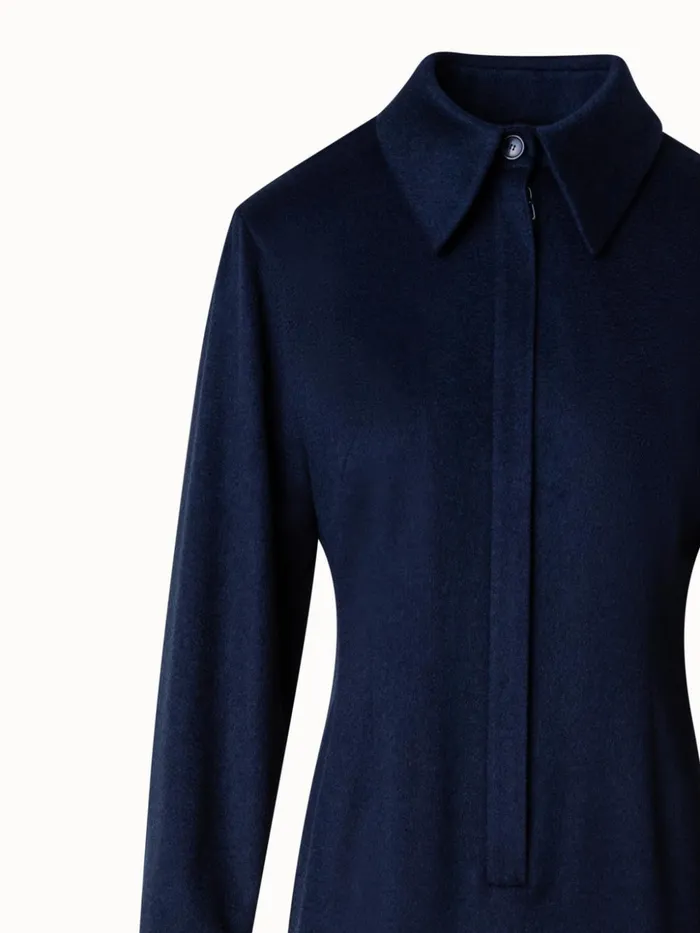 Long Sleeves Cashmere Midi Shirt Dress Navy Women Akris Dresses