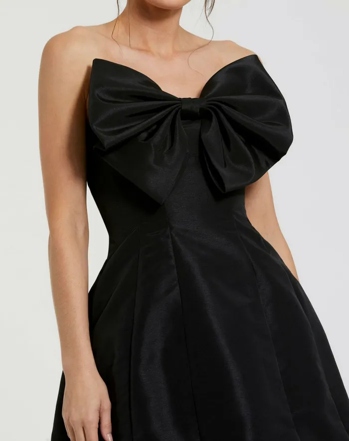 Mac Duggal Black Strapless Oversized Bow Fit and Flare Mini Dress Black Women Cocktail Dresses