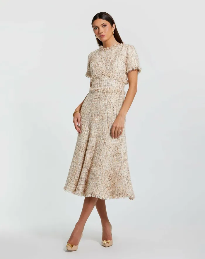 Mac Duggal Boucle Short Sleeve A Line Midi Dress Blush Women Every Day Dresses