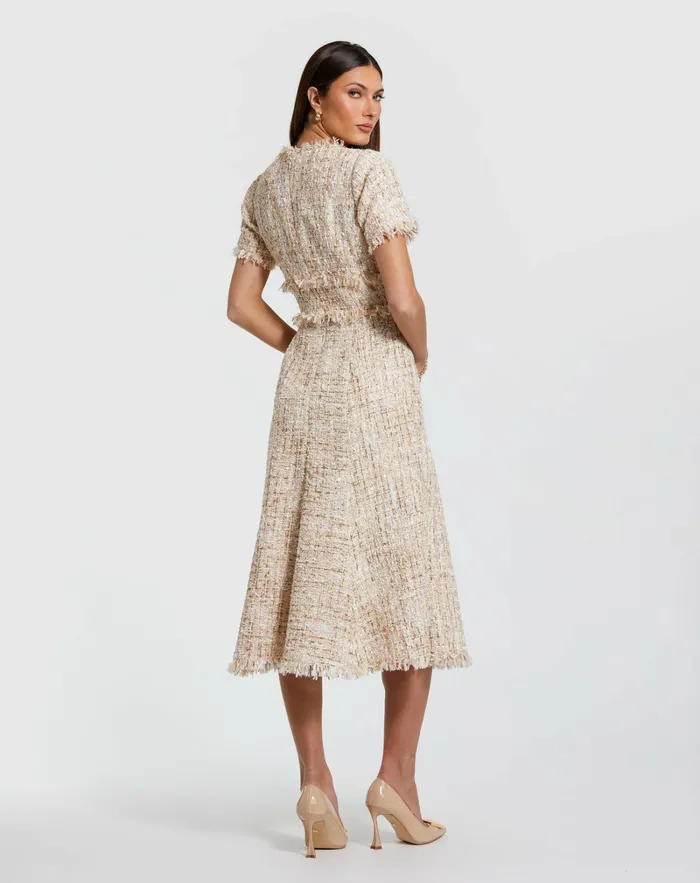Mac Duggal Boucle Short Sleeve A Line Midi Dress Blush Women Every Day Dresses
