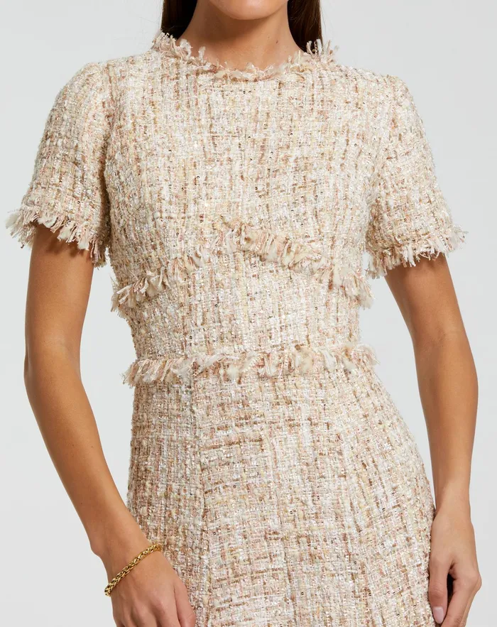 Mac Duggal Boucle Short Sleeve A Line Midi Dress Blush Women Every Day Dresses