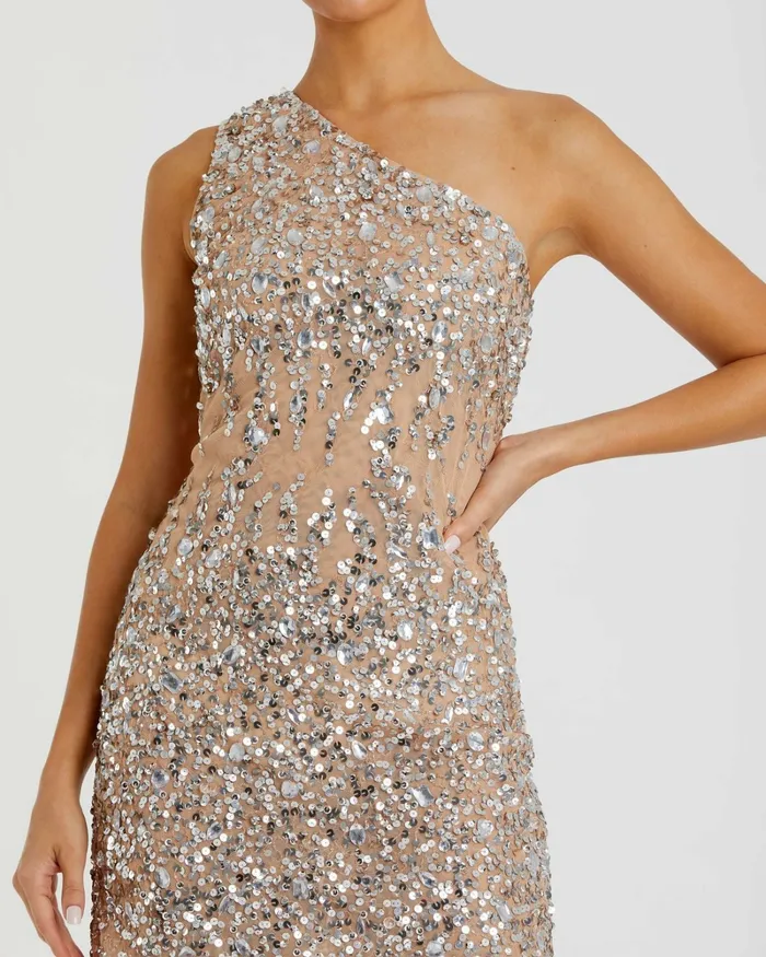 Mac Duggal Cocktail Dresses Women Beige One Shoulder Sheer Hand Beaded Mini Dress Nude