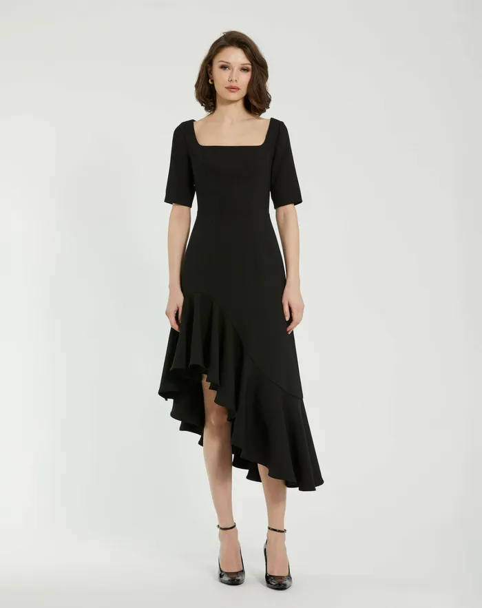 Mac Duggal Crepe 34 Sleeve Asymmetrical Hem Dress Black Women Every Day Dresses