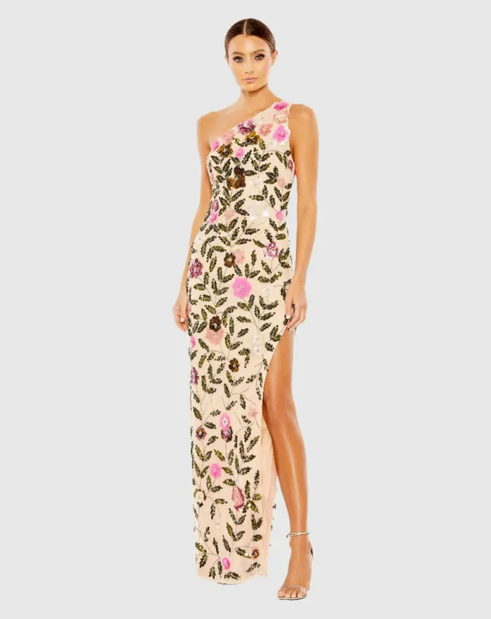 Mac Duggal Evening Gowns Women Floral Sequined One Shoulder Column Gown Nude Multi