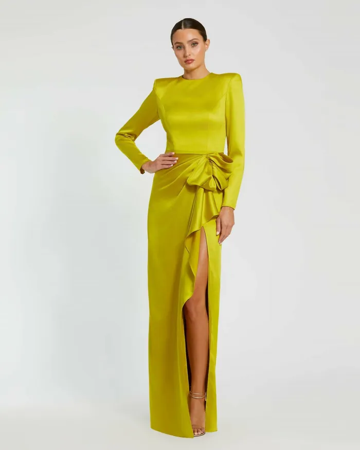 Mac Duggal Evening Gowns Women Long Sleeve Structured Bow Draped Gown Chartreuse