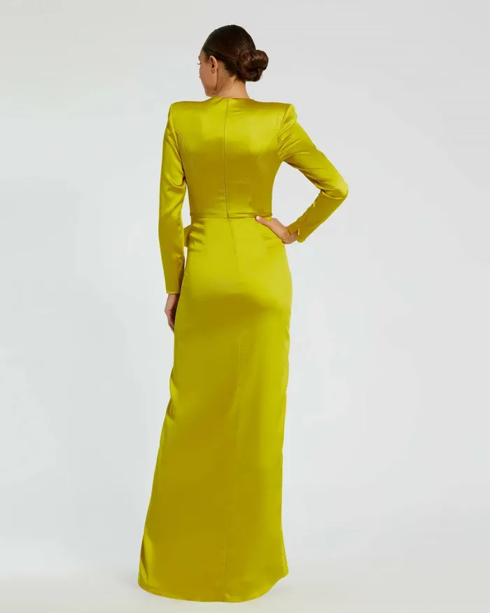 Mac Duggal Evening Gowns Women Long Sleeve Structured Bow Draped Gown Chartreuse