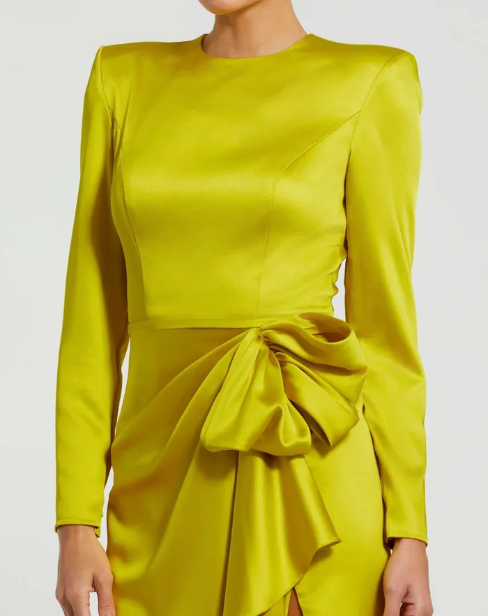 Mac Duggal Evening Gowns Women Long Sleeve Structured Bow Draped Gown Chartreuse