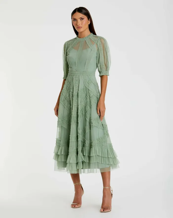 Mac Duggal Green High Neck Micro Ruffle Tiered Midi Dress Jade Women Daytime Dresses