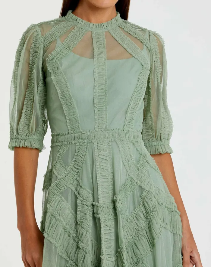 Mac Duggal Green High Neck Micro Ruffle Tiered Midi Dress Jade Women Daytime Dresses