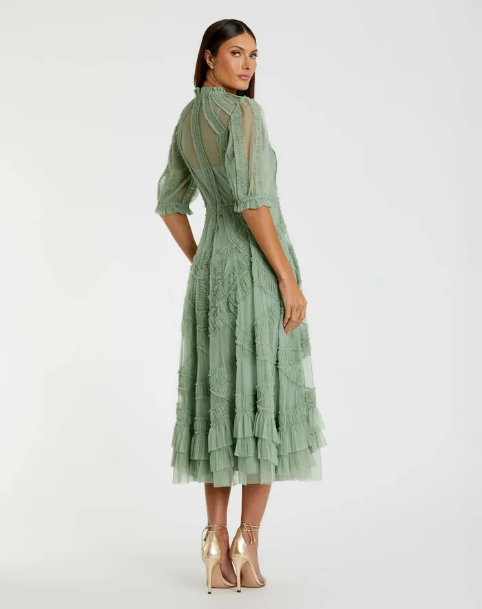 Mac Duggal Green High Neck Micro Ruffle Tiered Midi Dress Jade Women Daytime Dresses