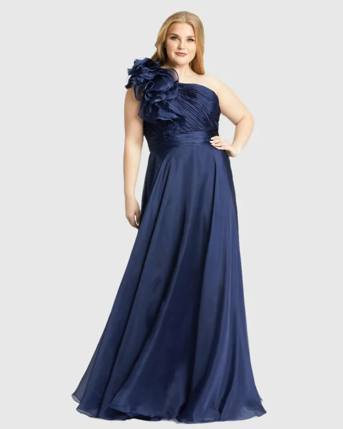 Mac Duggal One Shoulder Ruffle Evening Gown Plus Midnight Women Plus Size Dresses