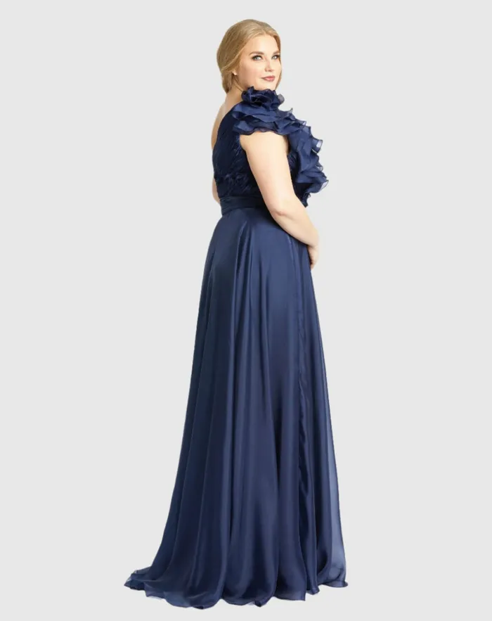 Mac Duggal One Shoulder Ruffle Evening Gown Plus Midnight Women Plus Size Dresses