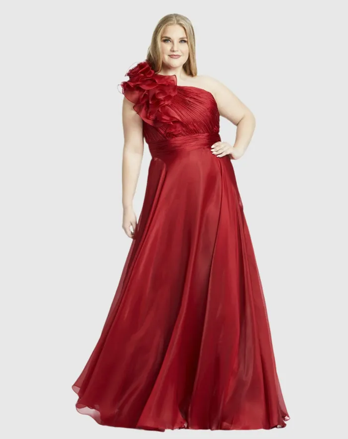 Mac Duggal One Shoulder Ruffle Evening Gown Plus Midnight Women Plus Size Dresses