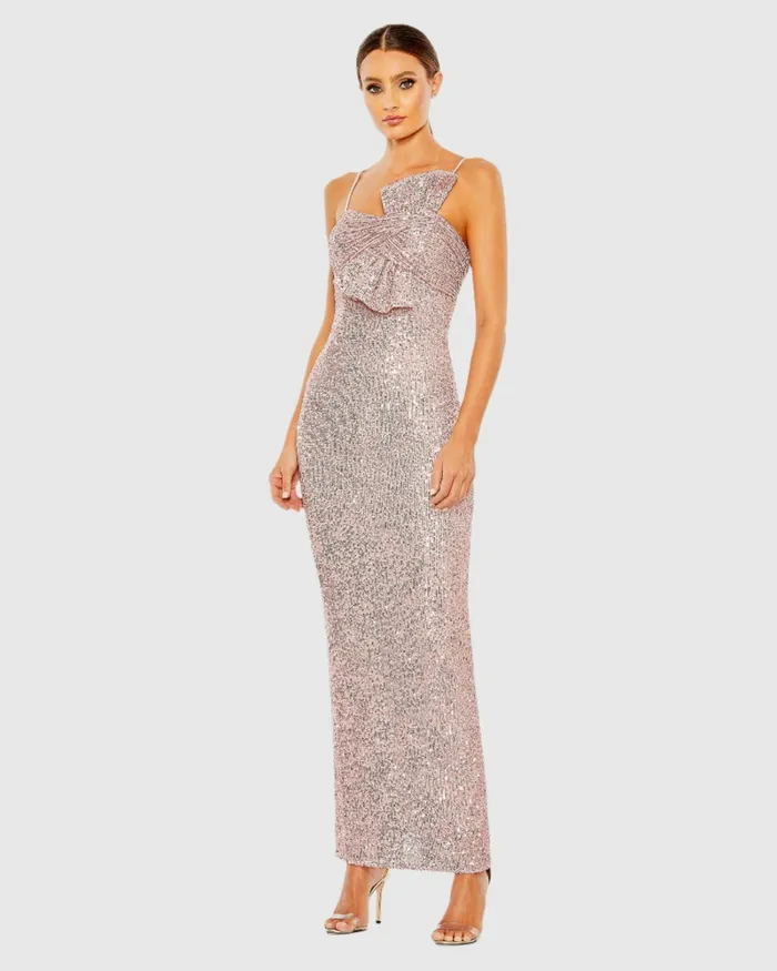 Mac Duggal Sequined Strapless Faux Bow Column Gown Rose Pink Women Evening Gowns