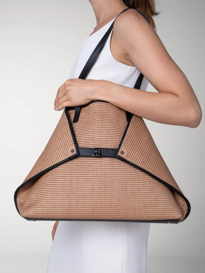 Medium Ai Shoulder Bag In Raffia Camelblack Women Akris Shoulder Bags