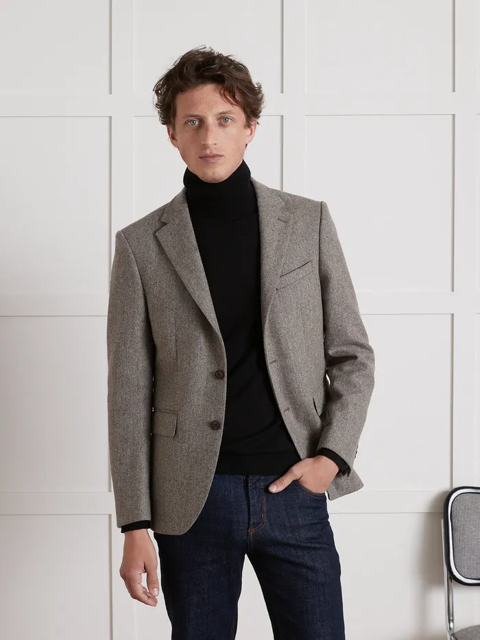 Men Cyrillus Clothing Pure Wool Herringbone Blazer Marron