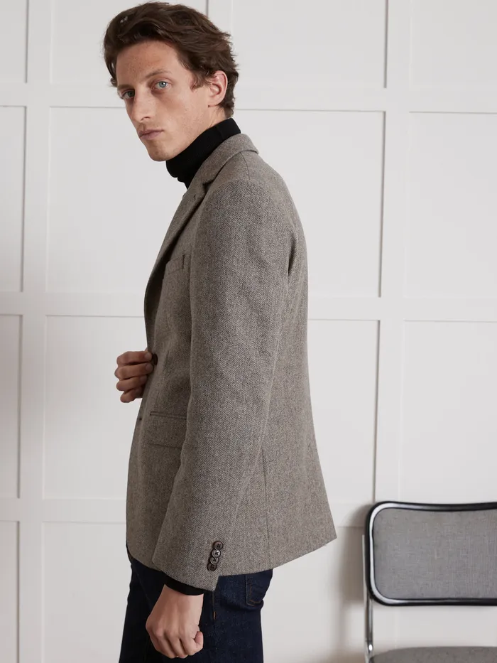 Men Cyrillus Clothing Pure Wool Herringbone Blazer Marron
