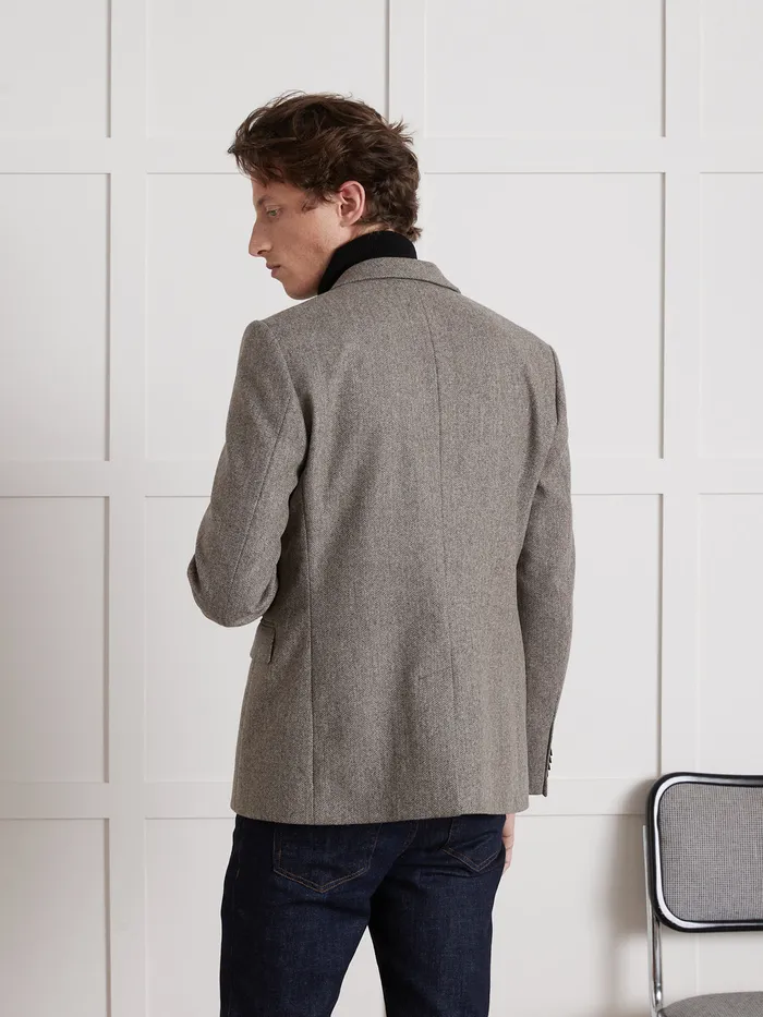 Men Cyrillus Clothing Pure Wool Herringbone Blazer Marron