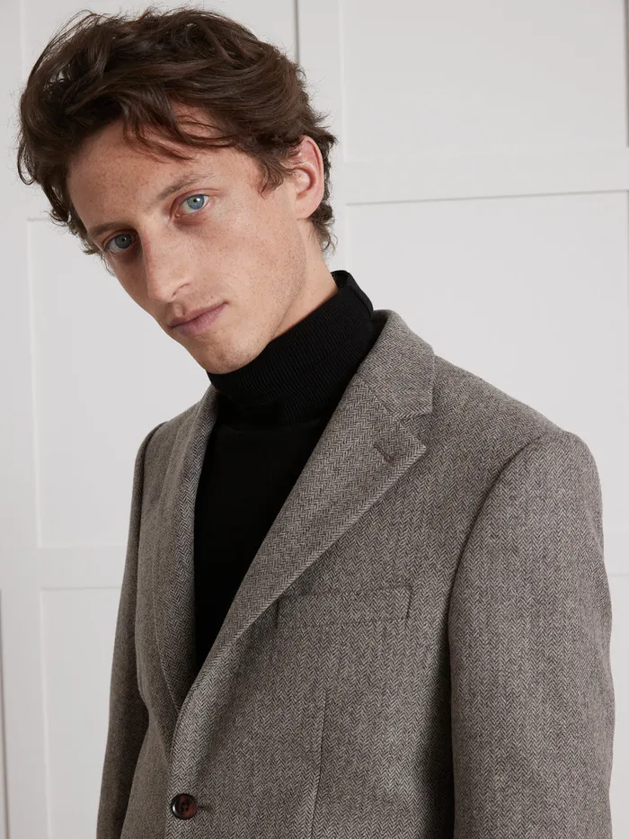 Men Cyrillus Clothing Pure Wool Herringbone Blazer Marron