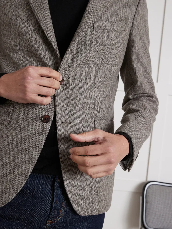 Men Cyrillus Clothing Pure Wool Herringbone Blazer Marron